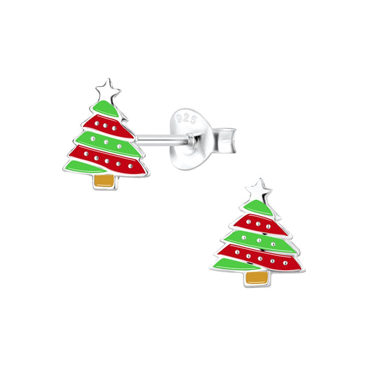 Melchior Jewellery girls Christmas tree earrings in silver with red and green enamel detailing