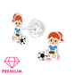 Melchior Jewellery girls football stud earrings featuring a cute girl with a football in colourful enamel