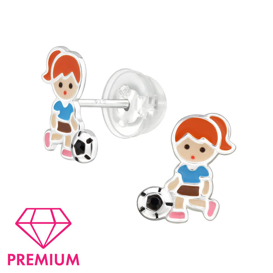 Melchior Jewellery girls football stud earrings featuring a cute girl with a football in colourful enamel