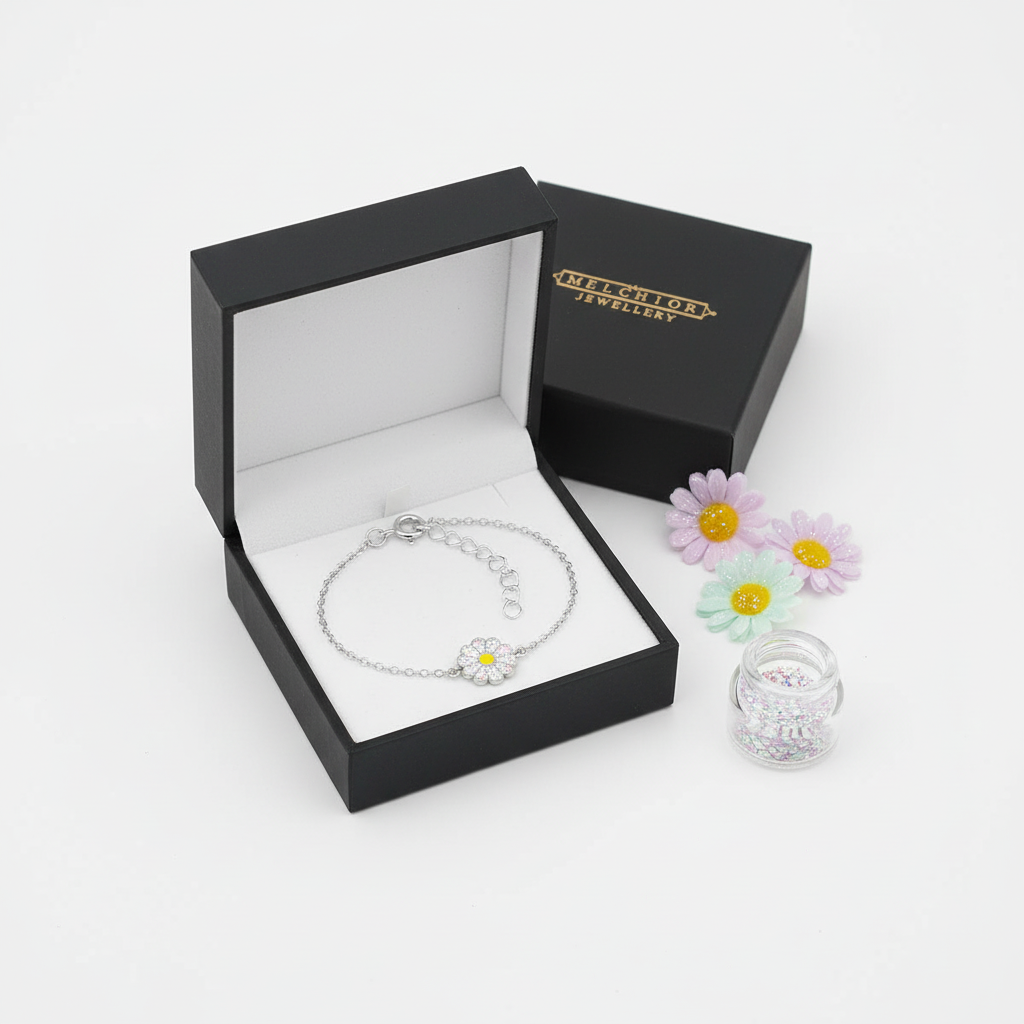 Girls glitter daisy jewellery silver bracelet in black Melchior Jewellery gift box with daisies and glitter jar