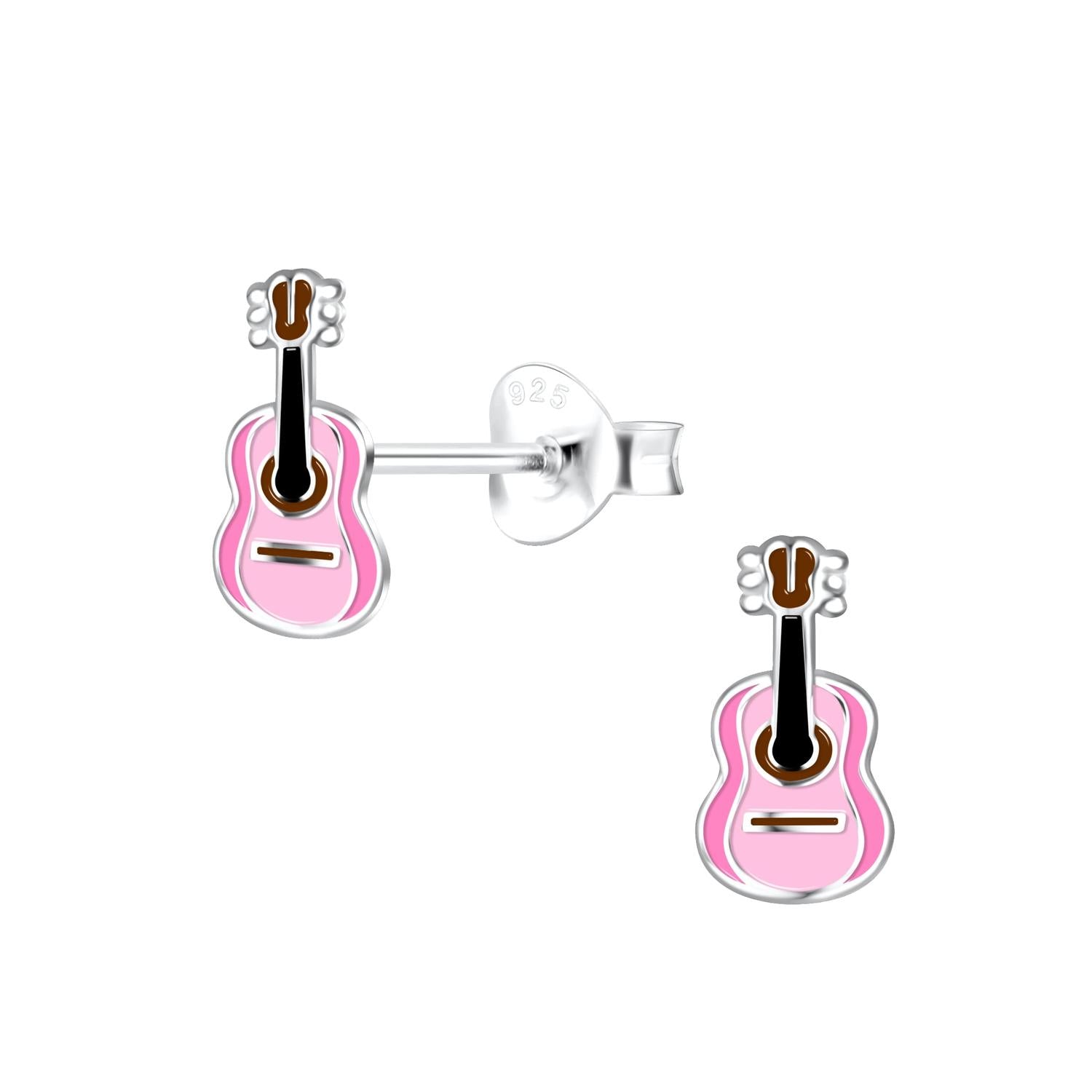 Melchior Jewellery Girls Guitar Stud Earrings in pink and brown enamel with silver detailing