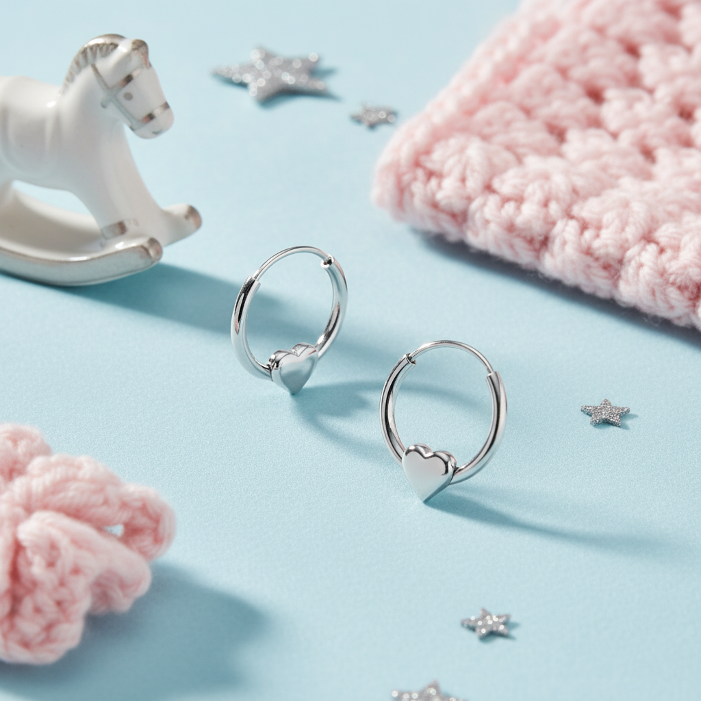 Girls heart charm hoop earrings by Melchior Jewellery with silver heart pendants on blue background