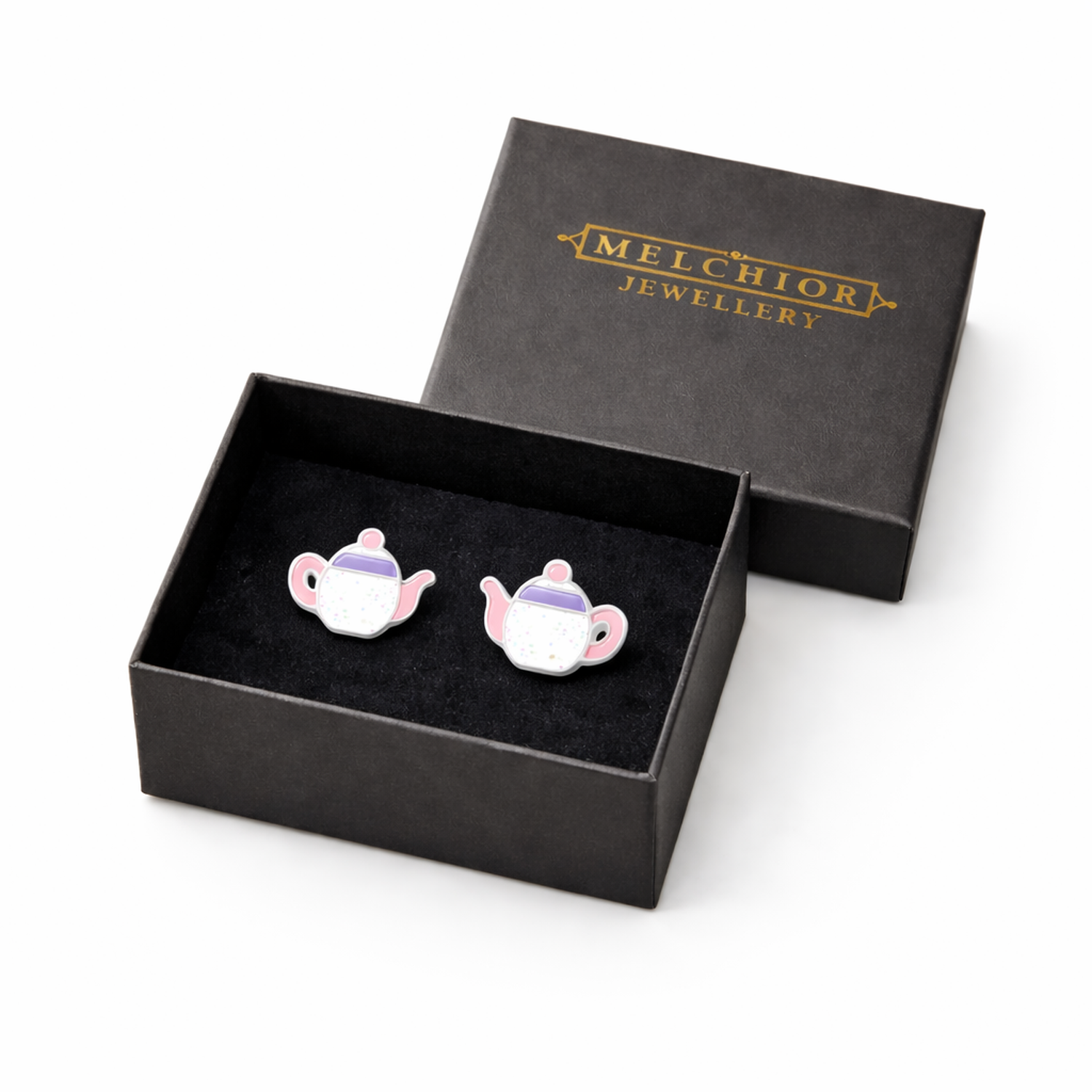Melchior Jewellery girls novelty silver earrings in teapot design presented in black gift box