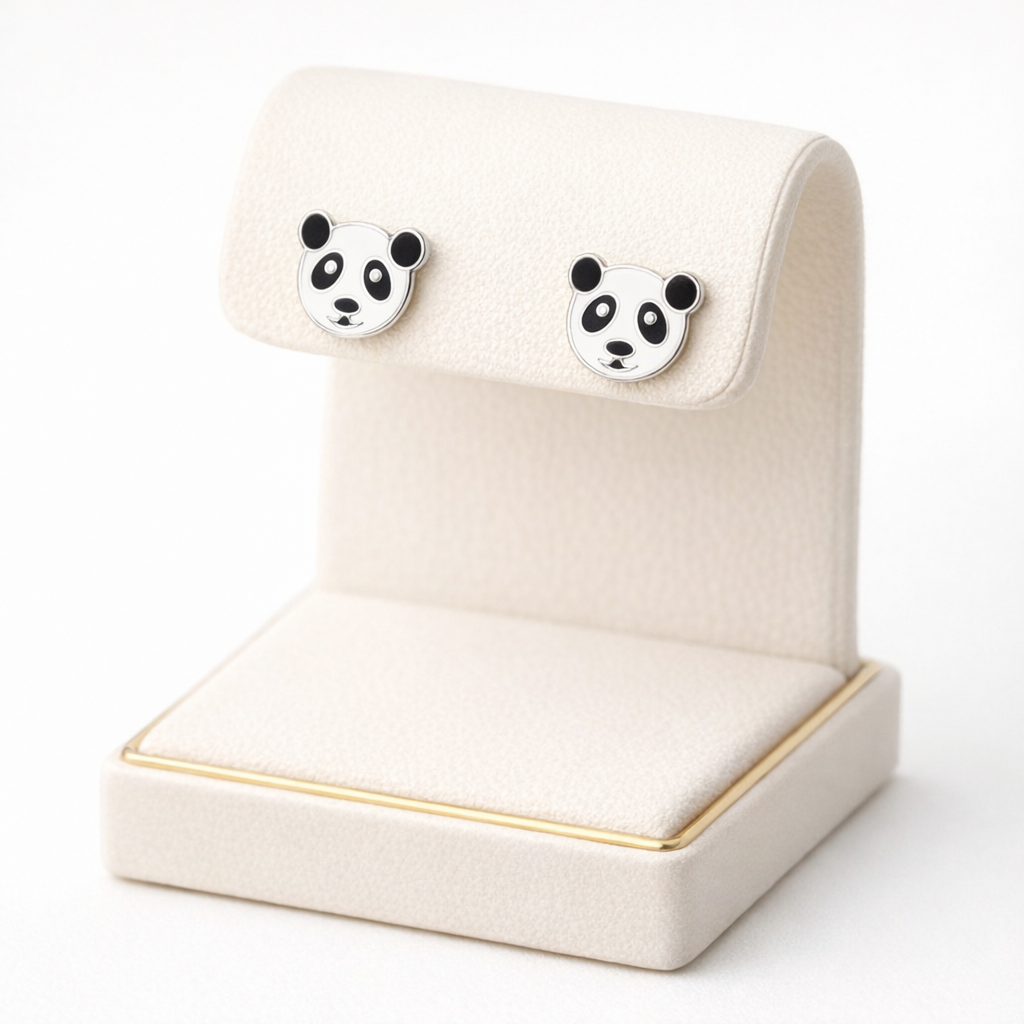 Melchior Jewellery Kids Girls Panda Earrings in white and black enamel on display stand