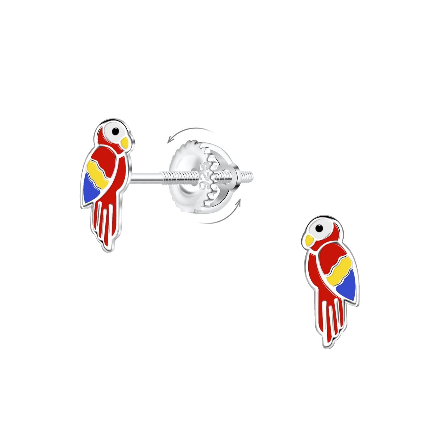 Melchior Jewellery girls parrot earrings with red, yellow, and blue enamel detailing on silver studs for children