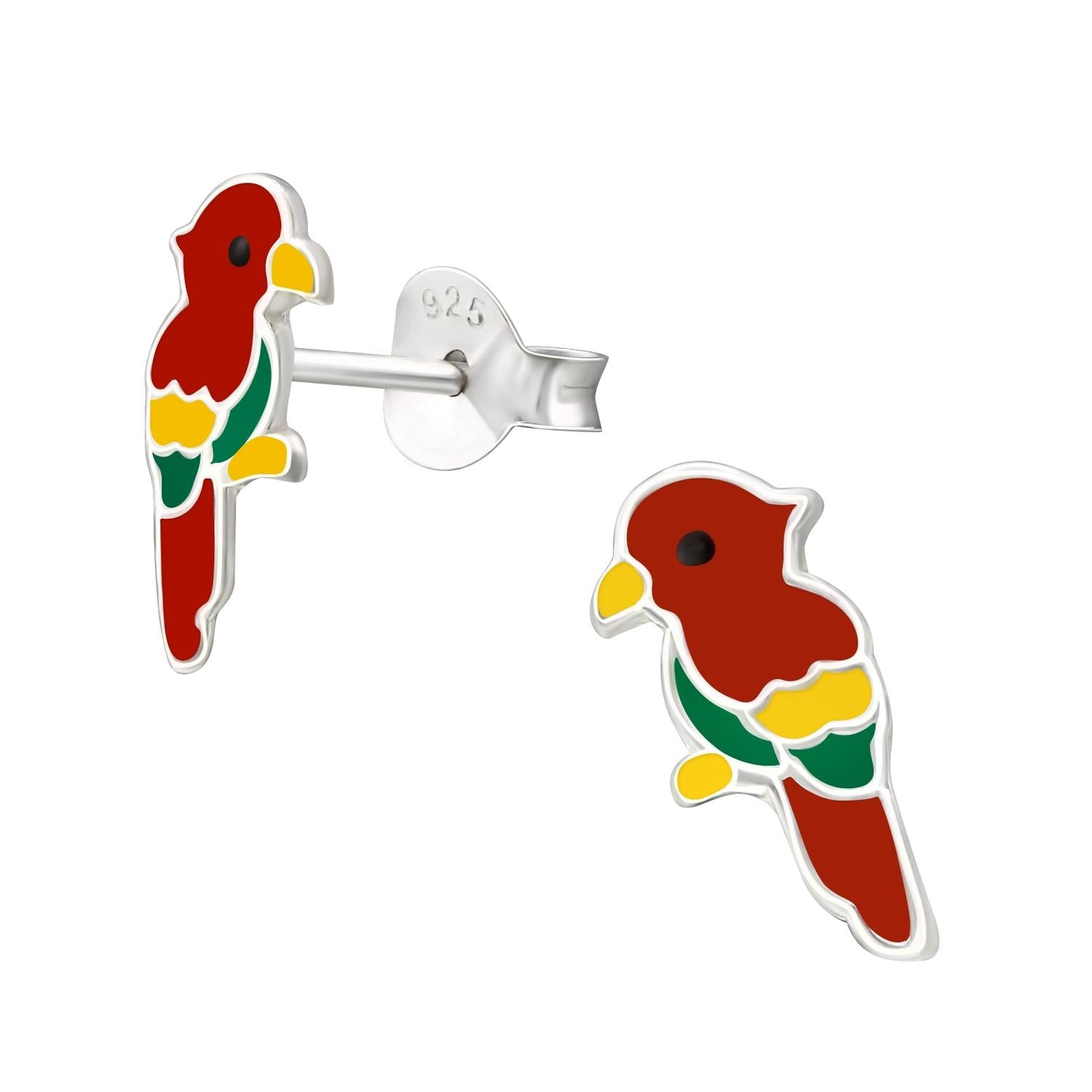 Girls Parrot Stud Earrings by Melchior Jewellery in silver with red, green, yellow and black enamel detailing