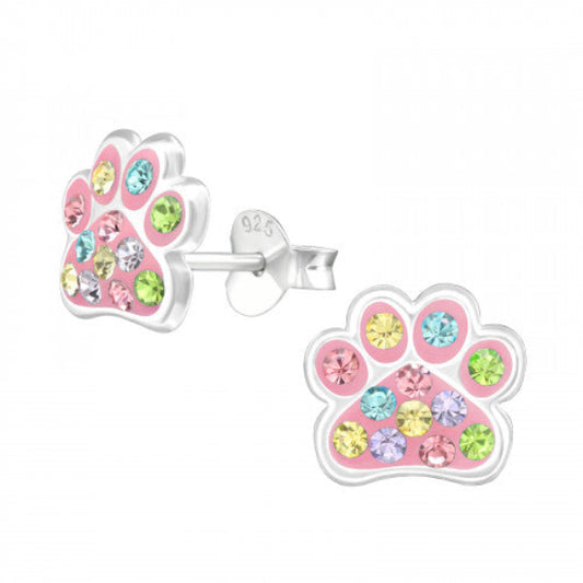 Girls paw design stud earrings by Melchior Jewellery with colourful gemstones and sterling silver
