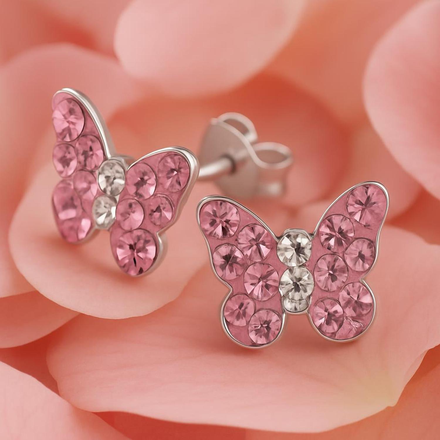 Melchior Jewellery girls pink butterfly earrings with sparkling crystals on soft pink background