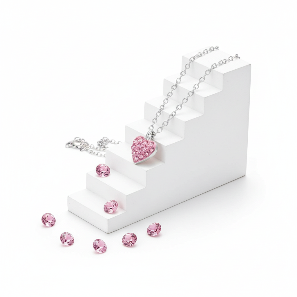 Girls pink crystal heart necklace by Melchior Jewellery with silver chain and sparkling pink crystals