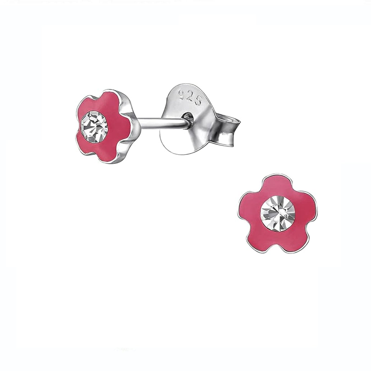 Melchior Jewellery girls pink flower stud earrings with silver setting and central crystal detail