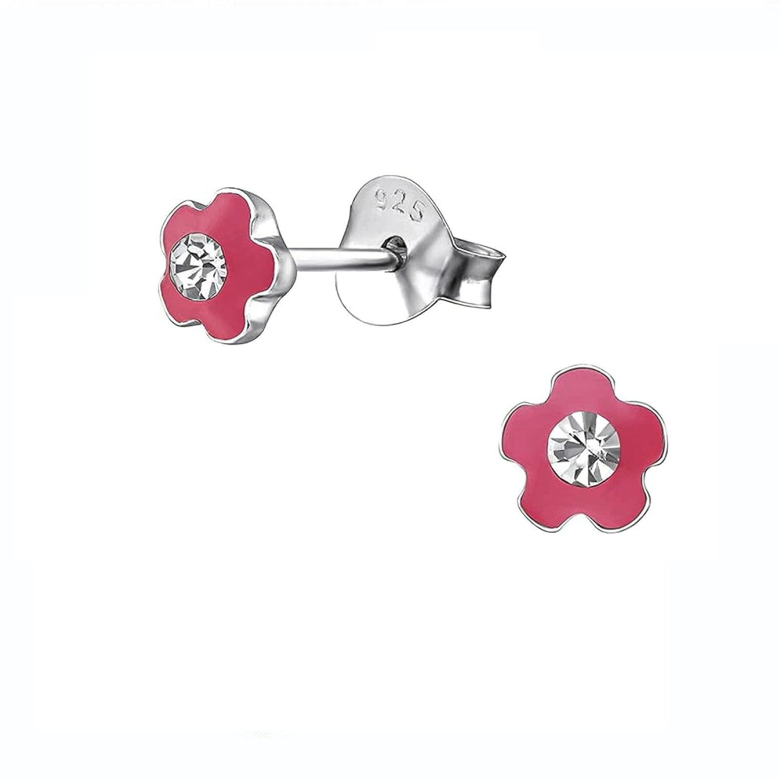 Melchior Jewellery girls pink flower stud earrings with silver setting and central crystal detail