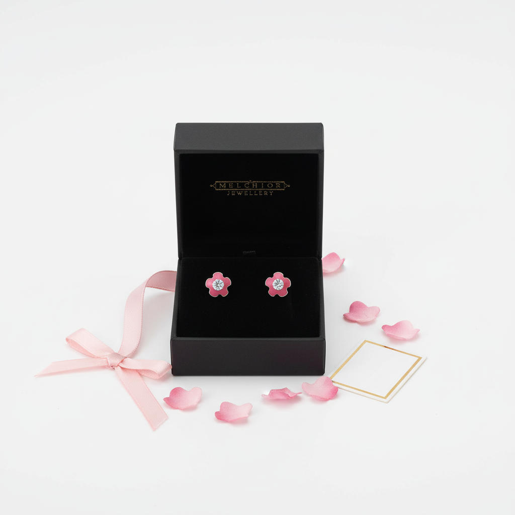 Girls pink flower stud earrings by Melchior Jewellery in black gift box with pink ribbons and petals