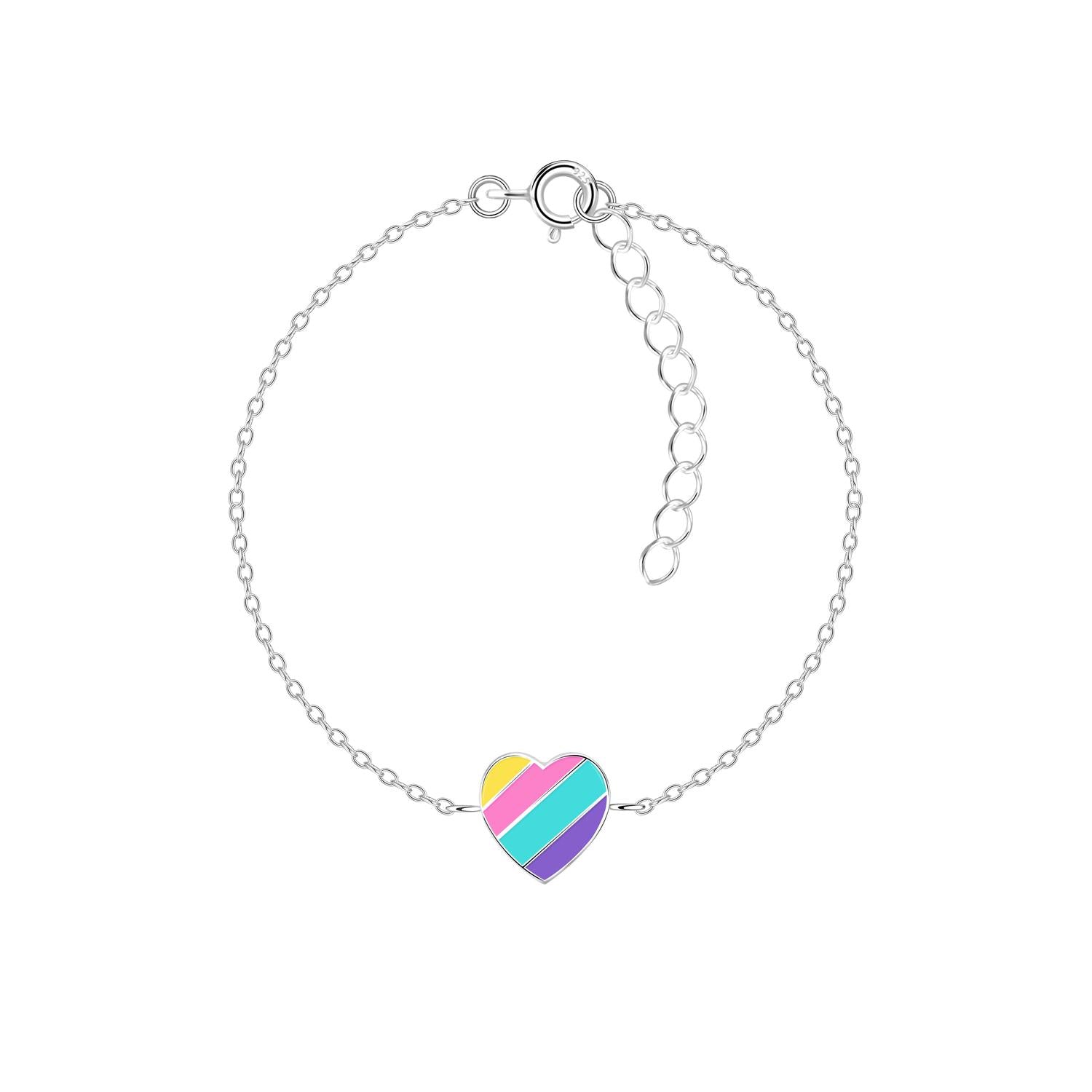 Silver girls rainbow bracelet by Melchior Jewellery featuring a heart charm with yellow, pink, teal, and purple stripes