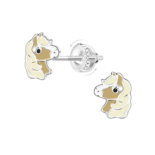 Melchior Jewellery girls screw back horse earrings in silver with beige and cream enamel details