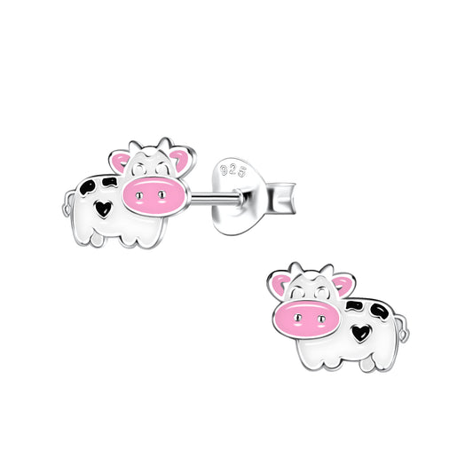 Melchior Jewellery girls silver cow earrings with pink and black enamel details for children