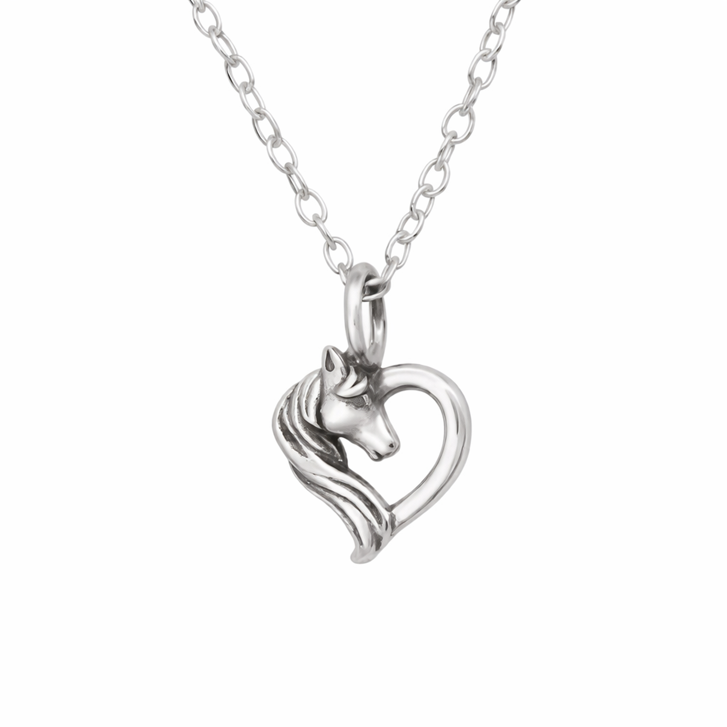 Girls silver horse necklace by Melchior Jewellery featuring a detailed horse head and flowing mane forming a heart-shaped pendant