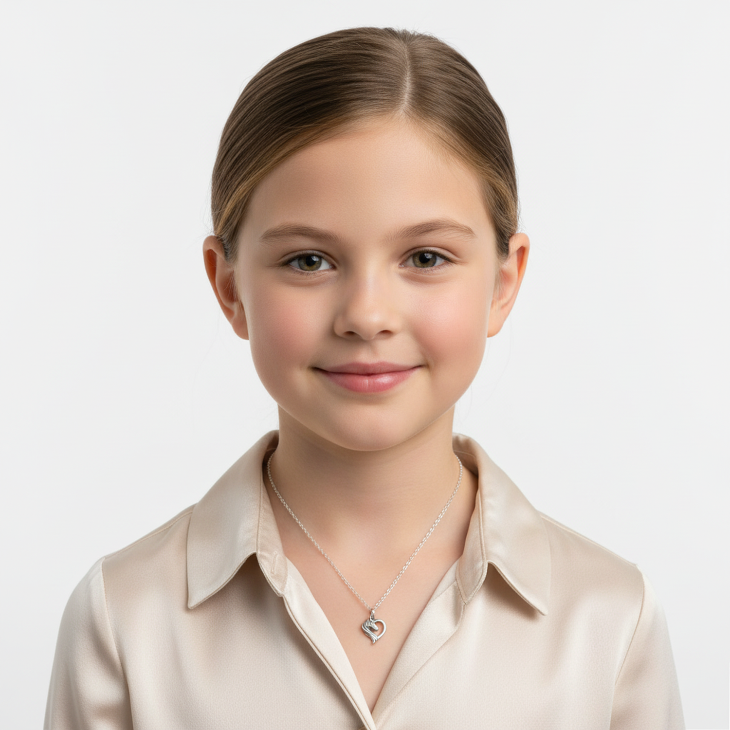 Young girl wearing a shiny girls silver horse necklace with a delicate chain and horse pendant in silver