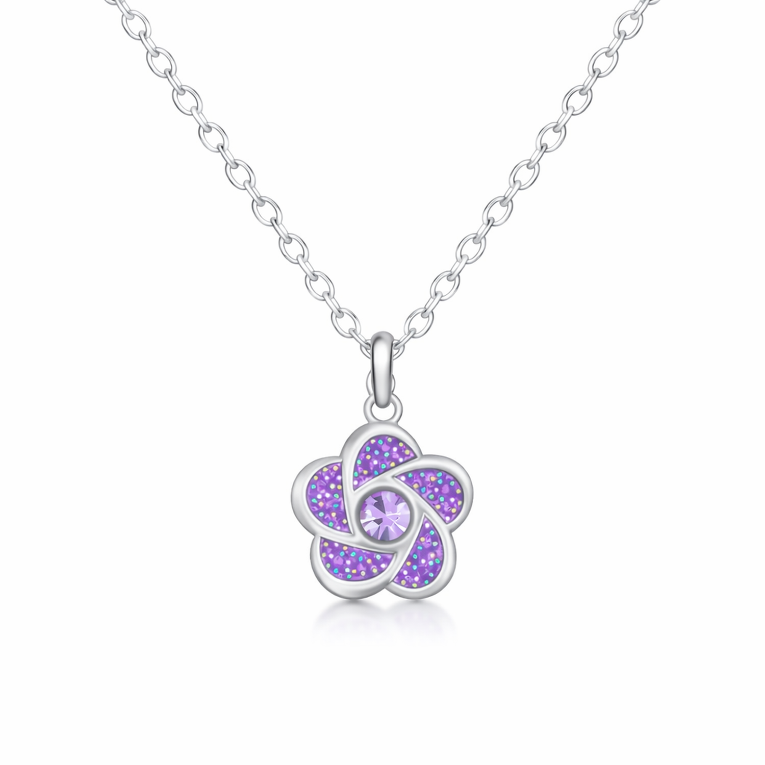 Melchior Jewellery girls sparkly purple necklace with flower-shaped pendant on silver chain