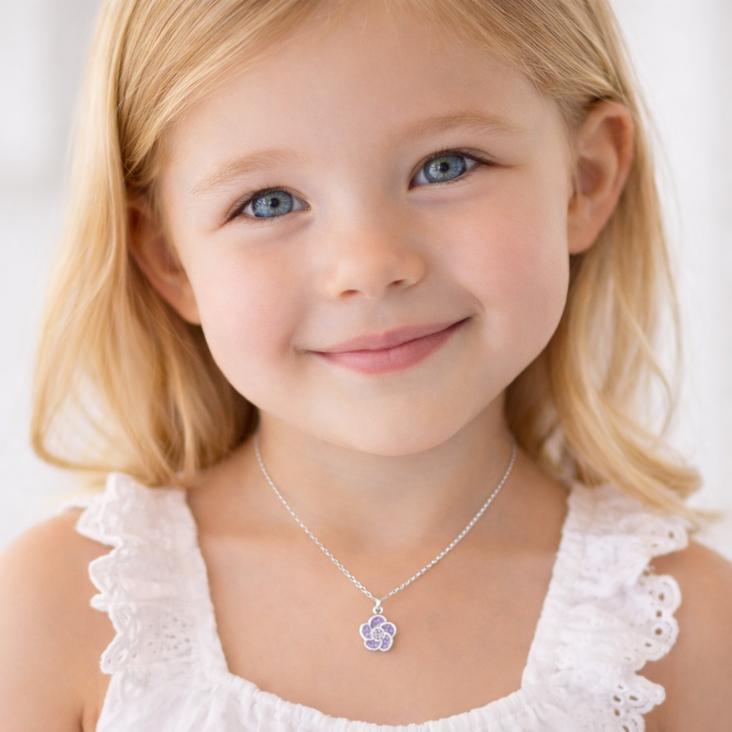 Melchior Jewellery girls sparkly purple necklace worn by smiling young girl with blonde hair