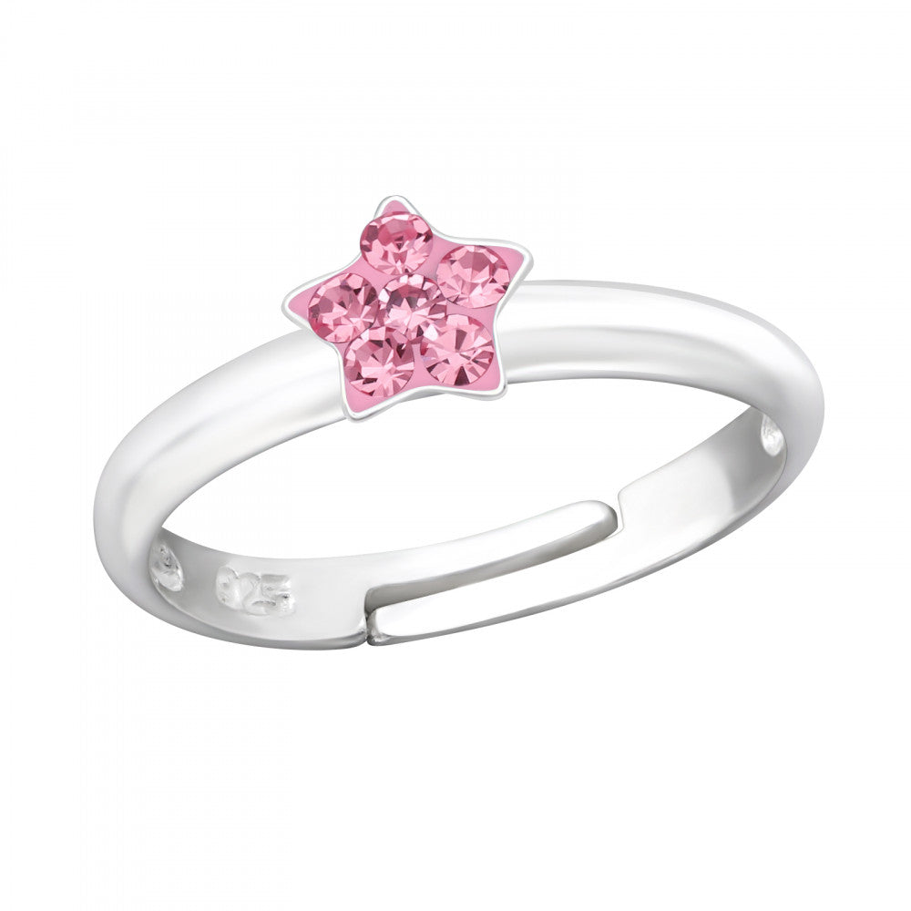 Melchior Jewellery silver girls star ring with pink crystal star detail on adjustable band