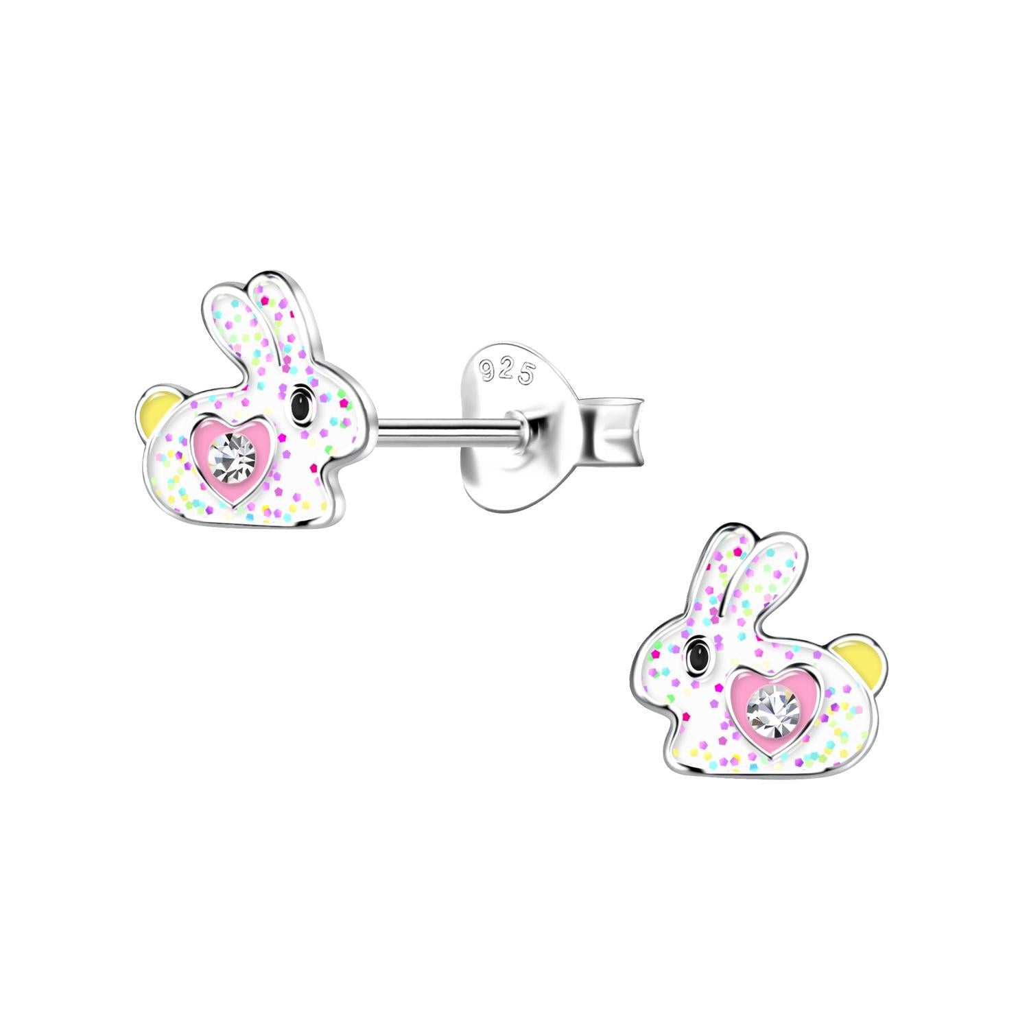 Girls Sterling Silver Bunny Stud Earrings with white enamel, multicolour speckles, pink heart and yellow tail