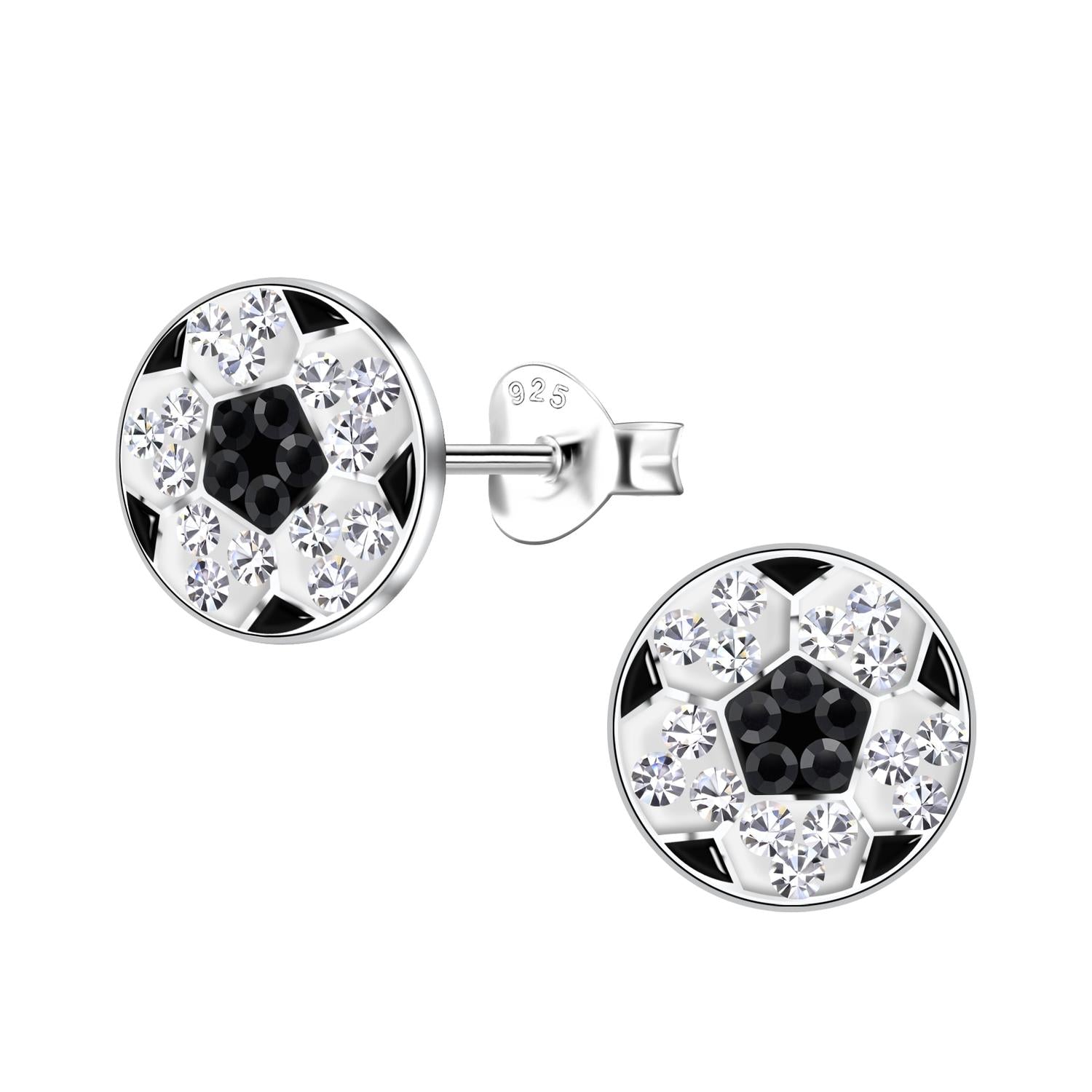 Girls sterling silver football earrings by Melchior Jewellery with crystal details for children