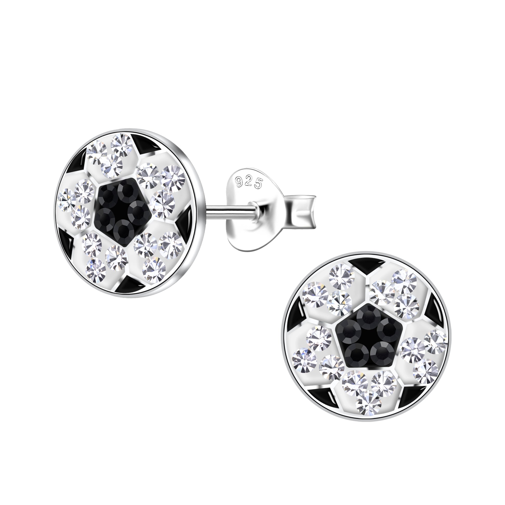Girls sterling silver football earrings by Melchior Jewellery with crystal details for children
