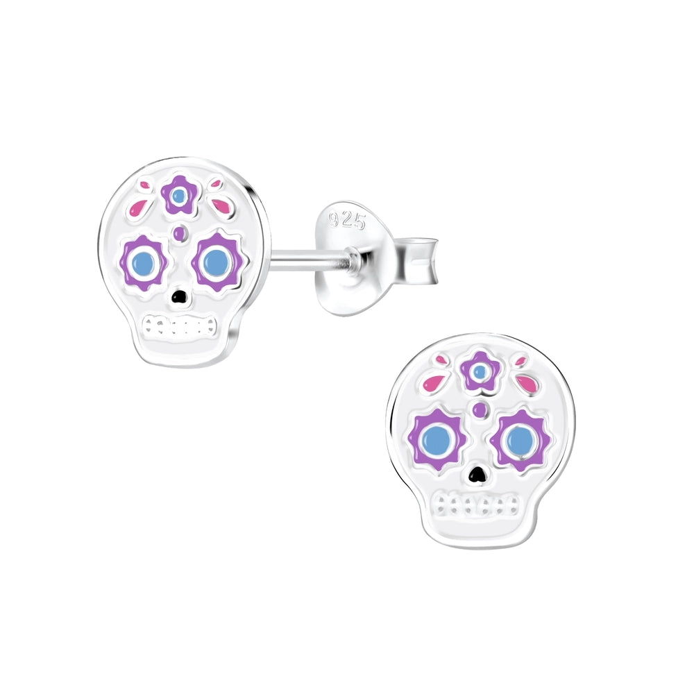 Melchior Jewellery girls sterling silver skull earrings with purple and blue floral details