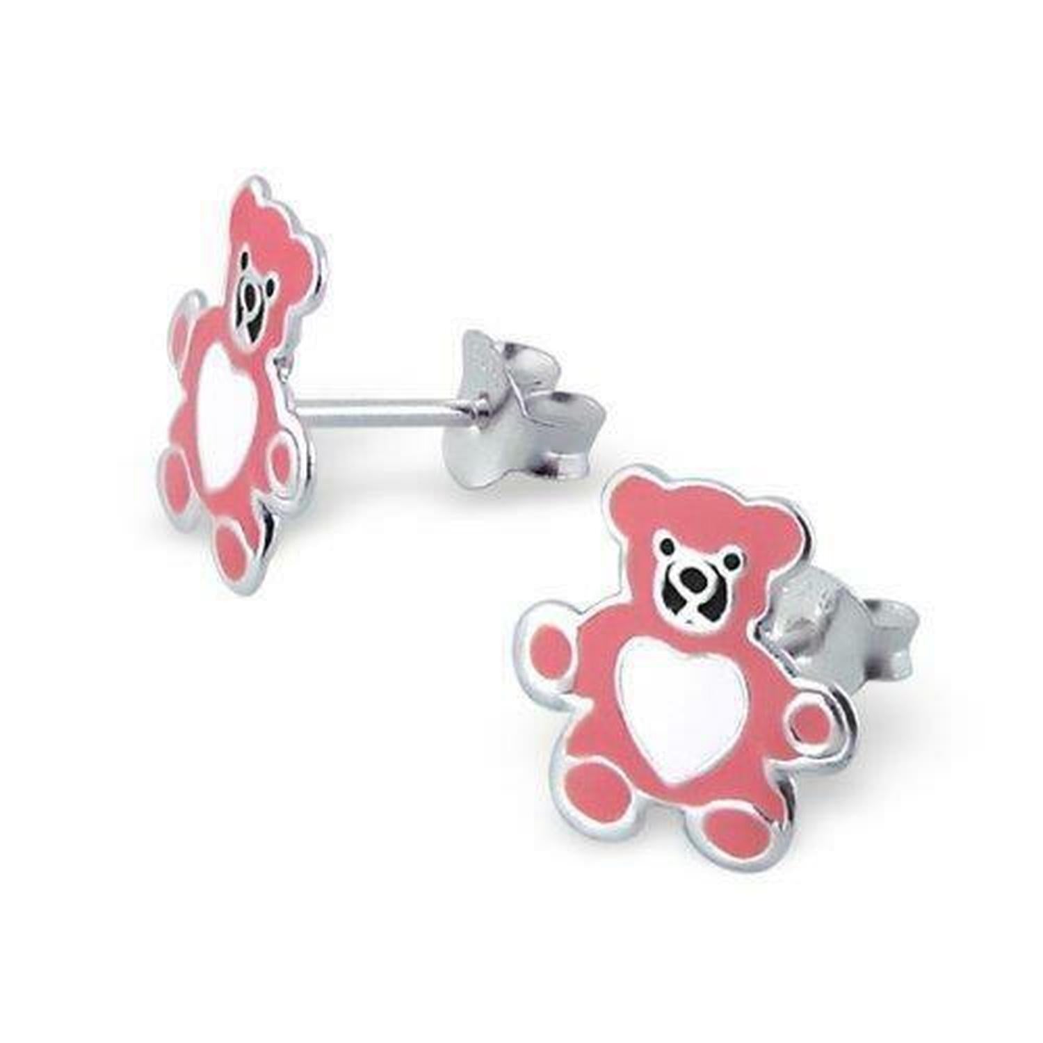 Girls sterling silver teddy bear earrings in pink and white enamel for children by Melchior Jewellery
