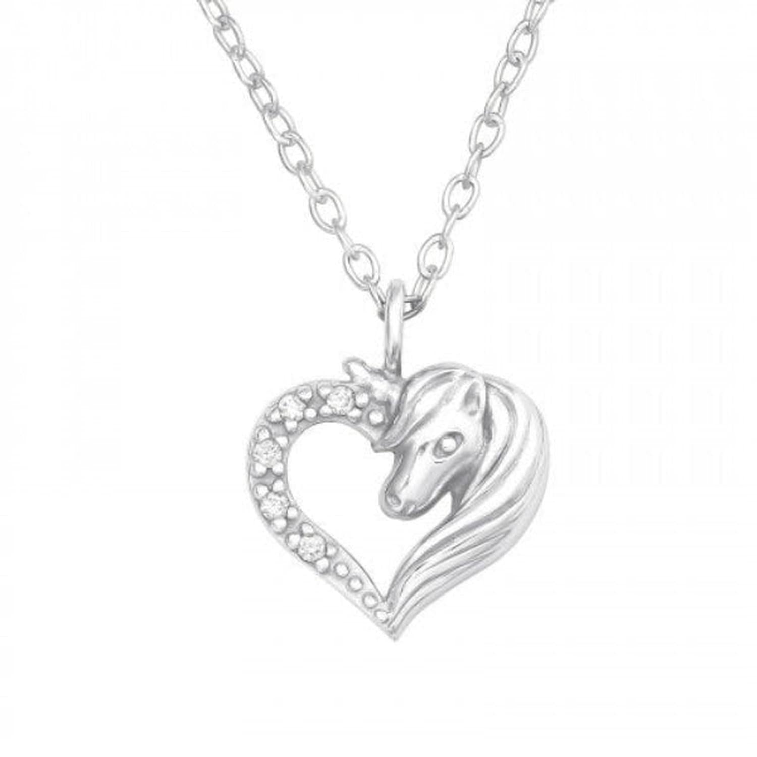 Girls sterling silver unicorn necklace with heart-shaped pendant and delicate chain by Melchior Jewellery