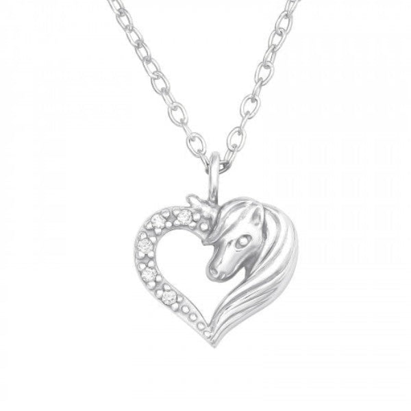 Girls sterling silver unicorn necklace with heart-shaped pendant and delicate chain by Melchior Jewellery
