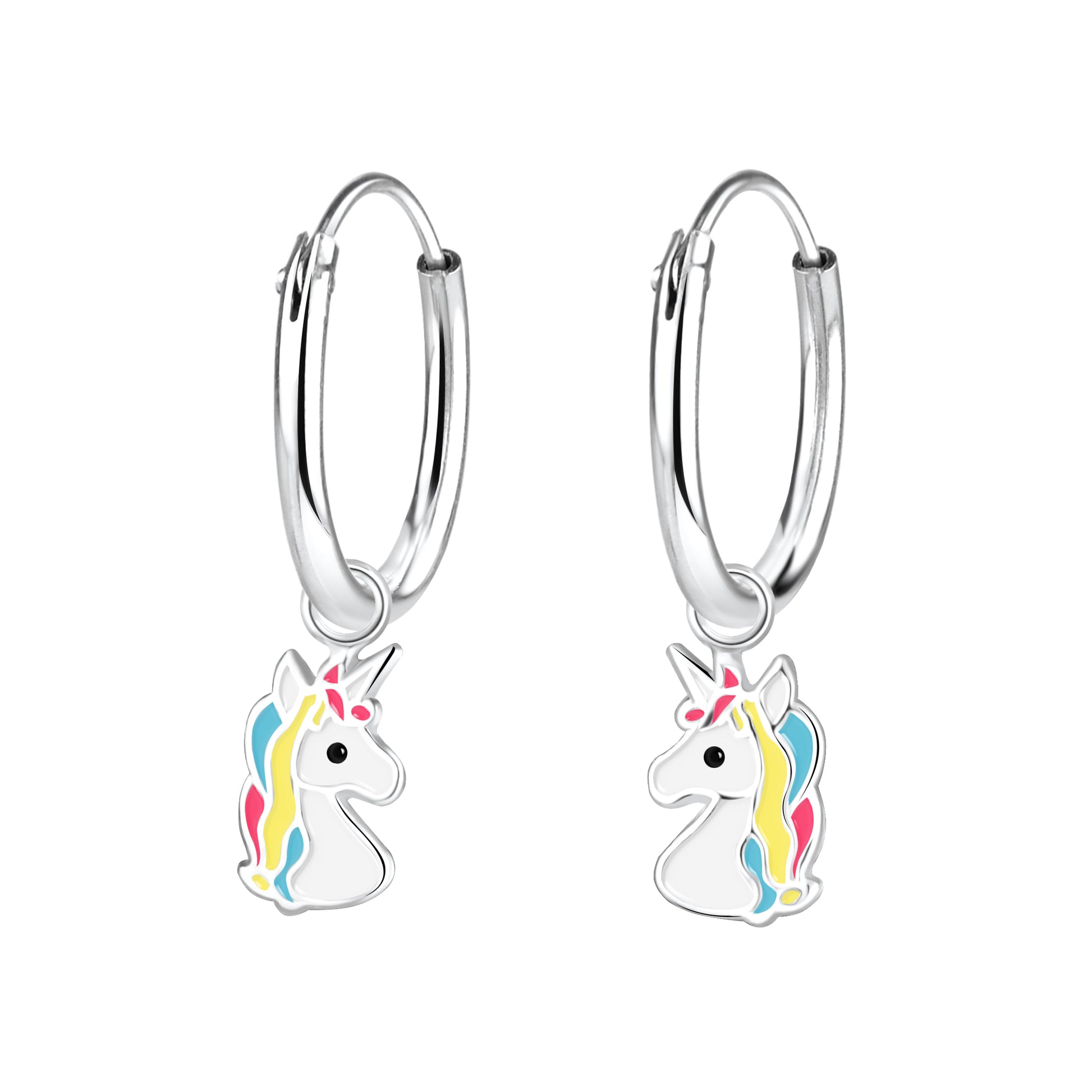 Melchior Jewellery girls unicorn hoop earrings with colourful unicorn charms on silver hoops