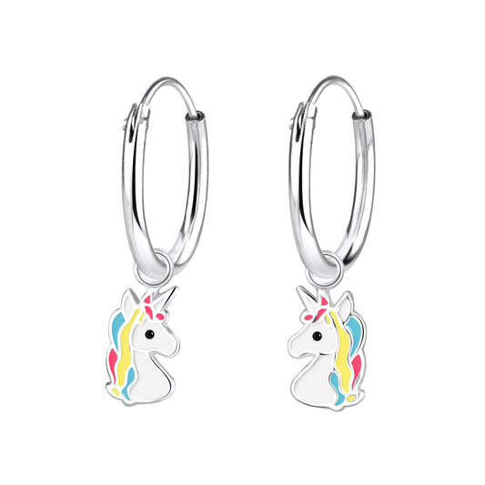 Melchior Jewellery girls unicorn hoop earrings with colourful unicorn charms on silver hoops