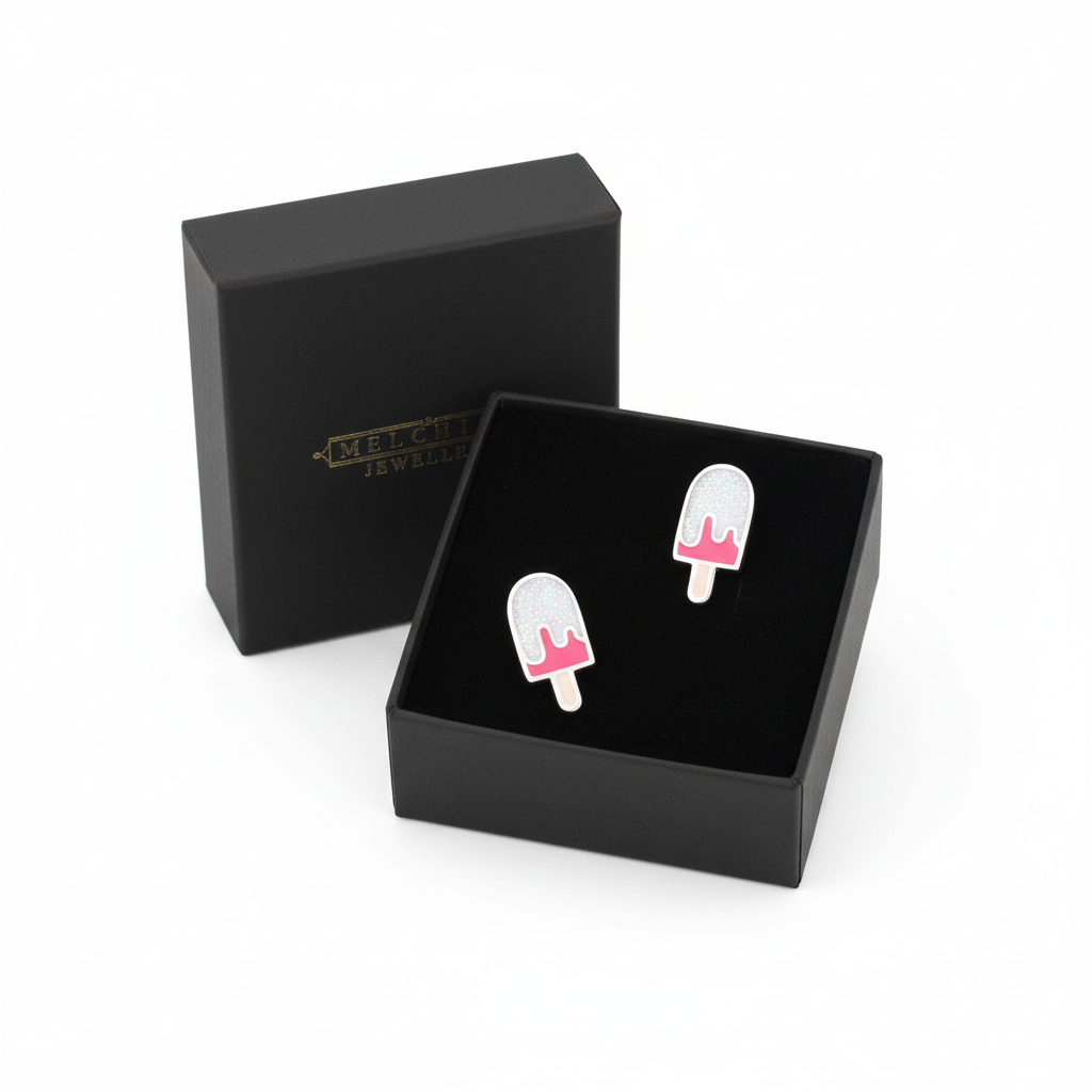 Melchior Jewellery glitter ice cream ear studs for kids in black gift box with white and pink design