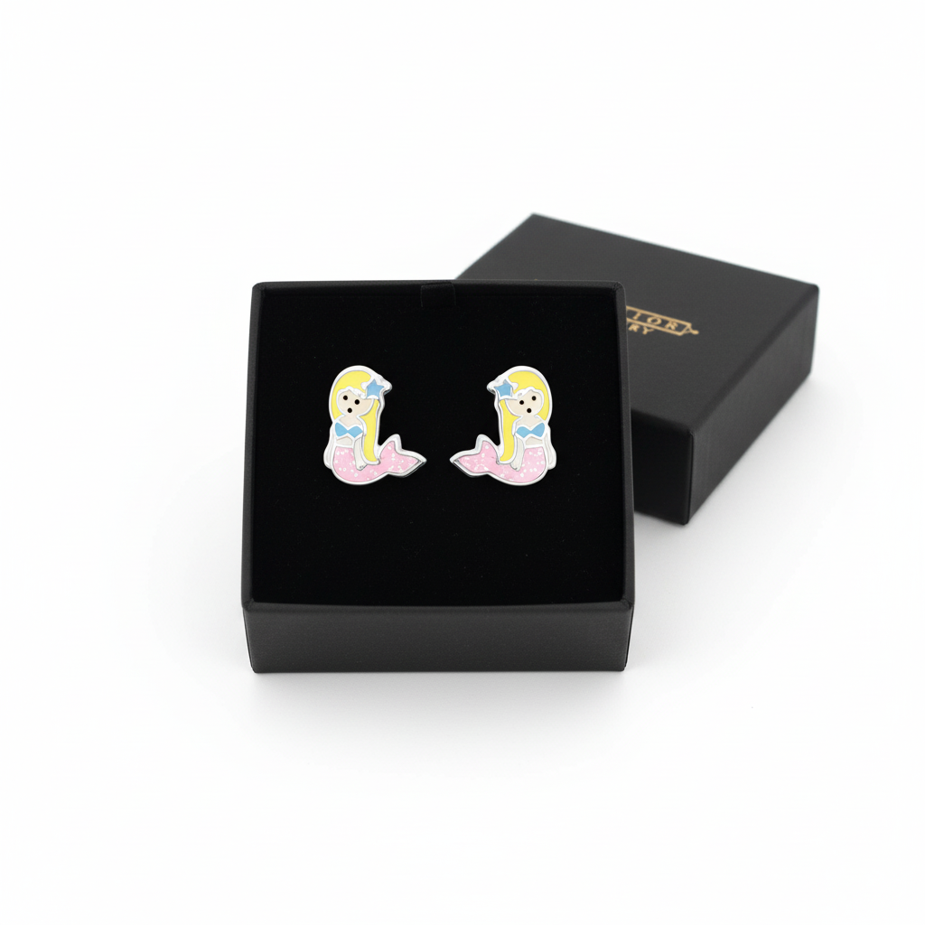 Melchior Jewellery glitter mermaid earrings for girls in pink and yellow in black gift box