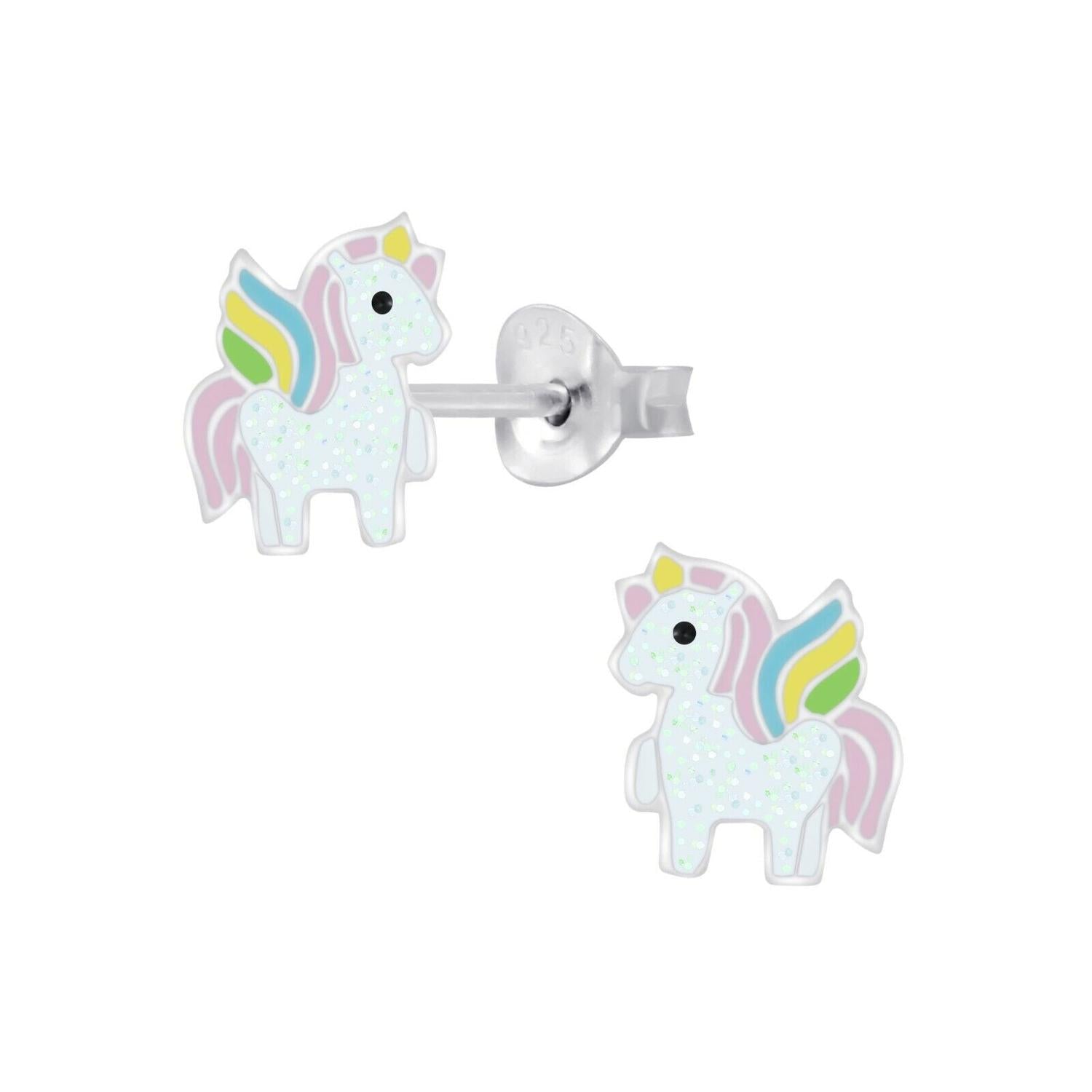 Melchior Jewellery glitter unicorn earrings girls sterling silver with colourful wings and sparkle details
