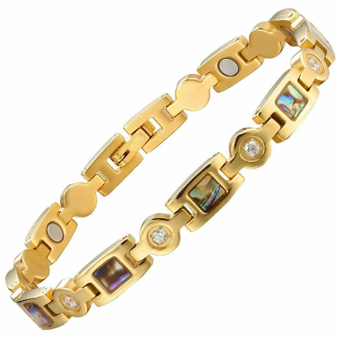 Gold healing magnetic bracelet for women by Melchior Jewellery with abalone shell and crystal accents
