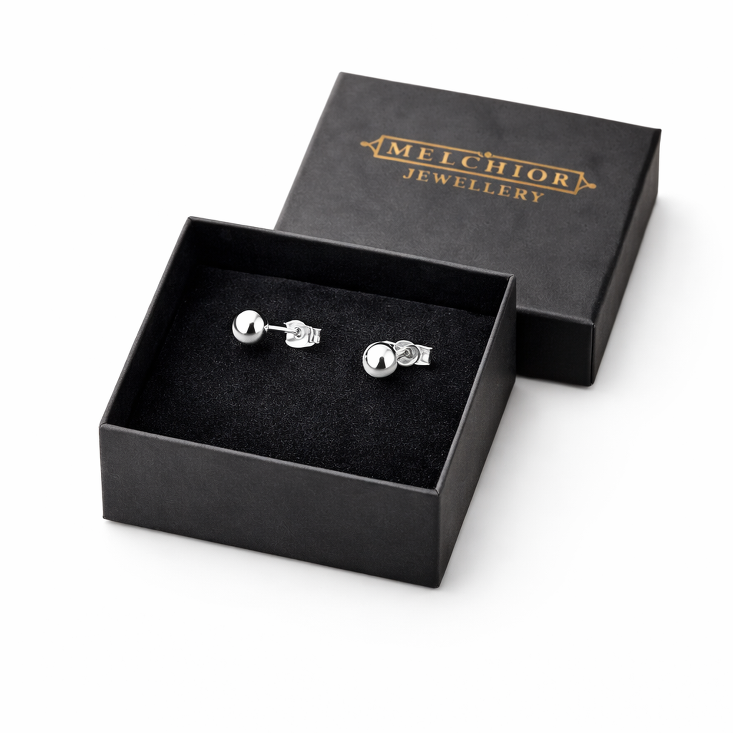 Melchior Jewellery half ball stud earrings sterling silver in black branded gift box