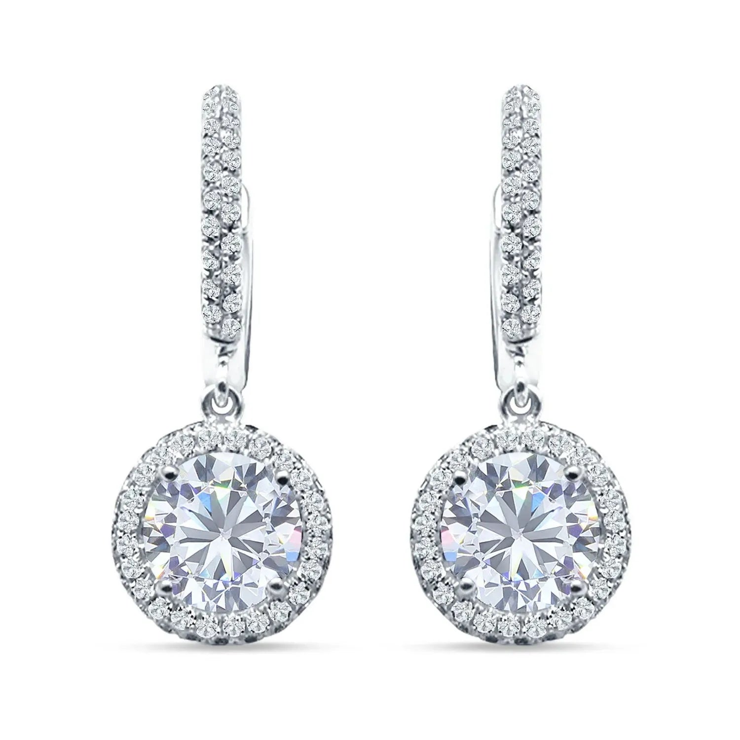Silver halo drop earrings silver with sparkling clear crystals and polished silver finish from Melchior Jewellery