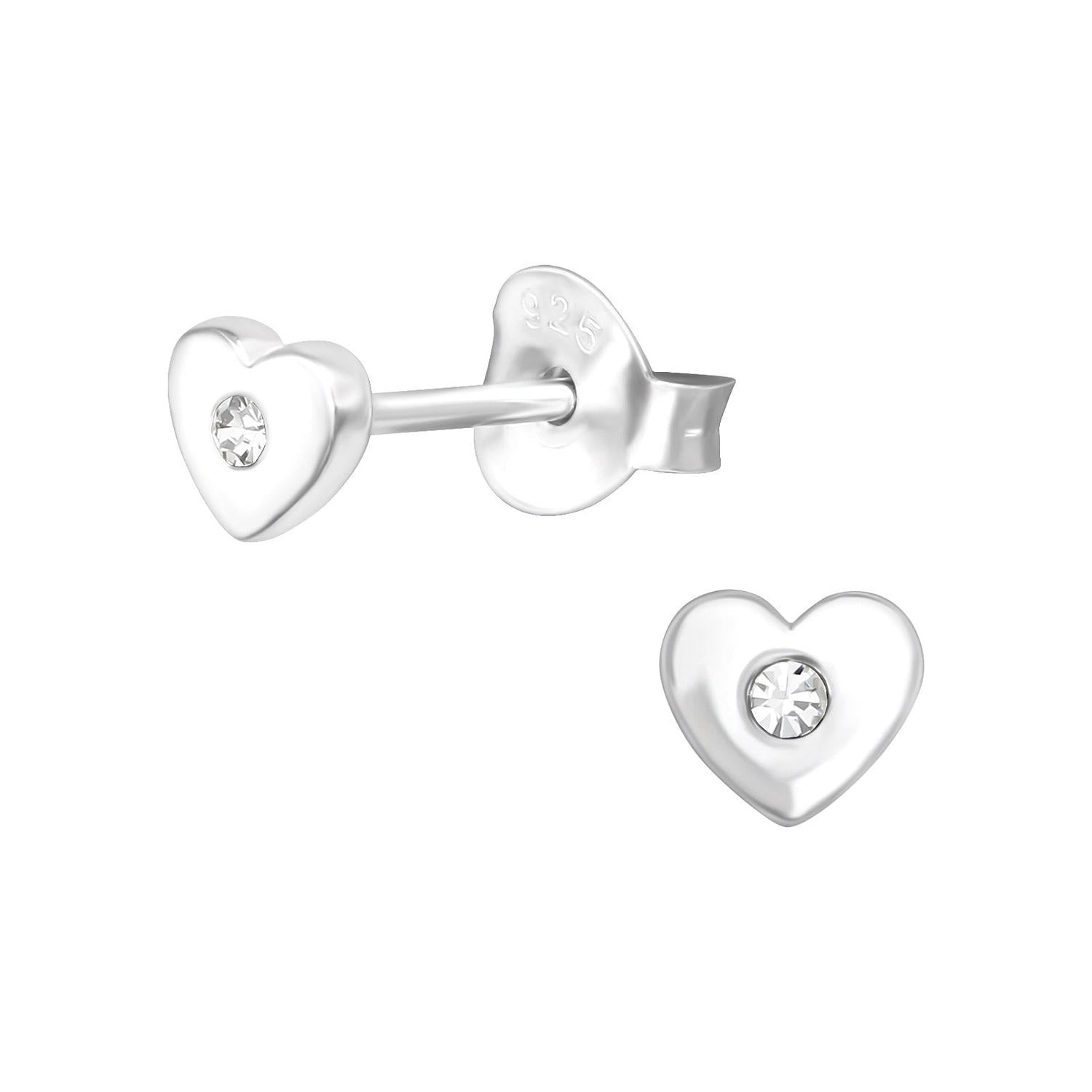 Melchior Jewellery heart shaped earrings for girls in silver with central clear stone detail