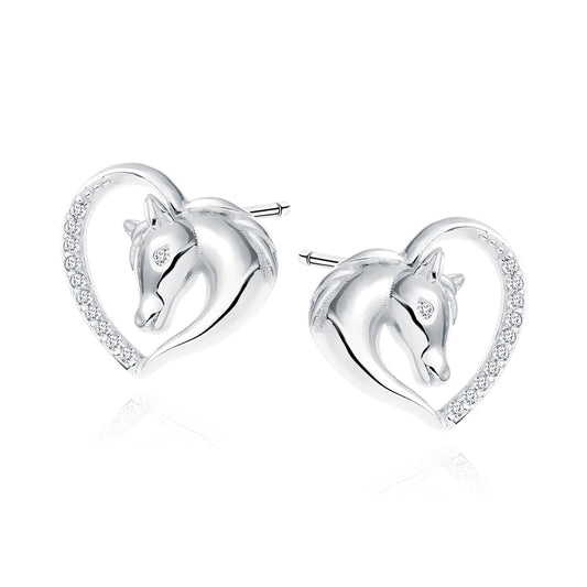 Melchior Jewellery heart shaped horse earrings for women in silver with crystal detailing