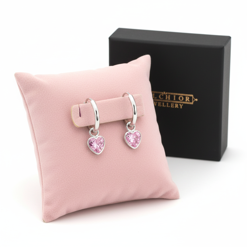 Heart-shaped silver earrings for children with pink stones displayed on a pink cushion by Melchior Jewellery