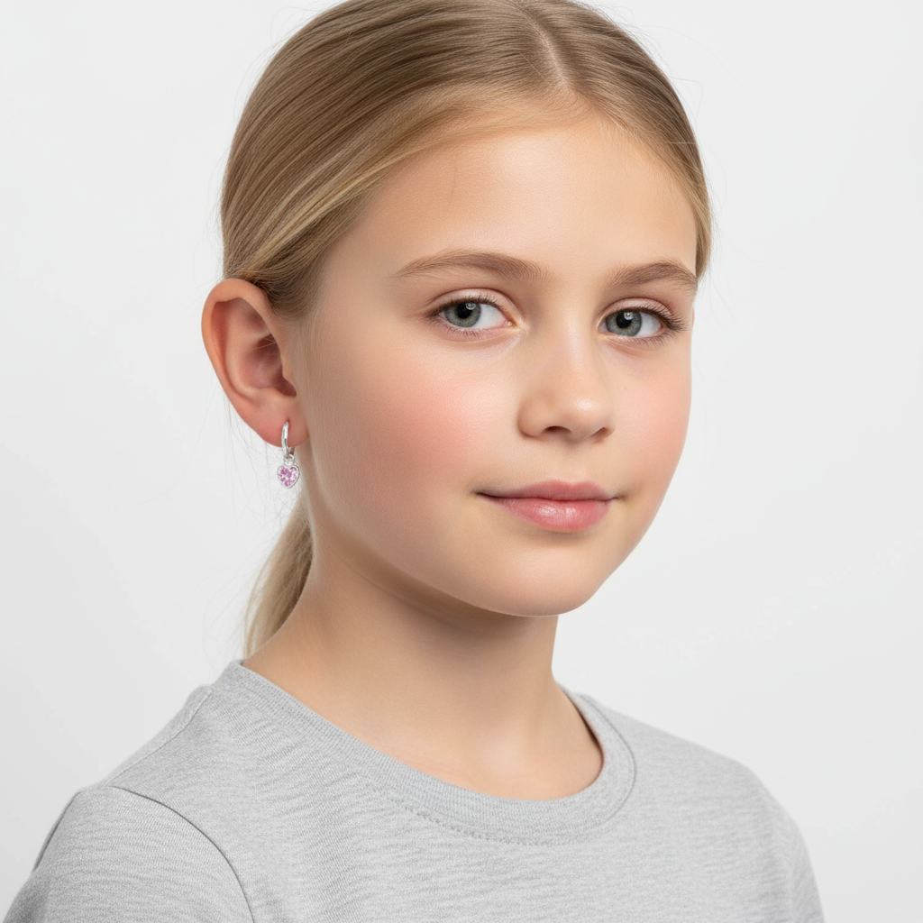 Young girl wearing heart-shaped silver earrings for children by Melchior Jewellery with pink accents