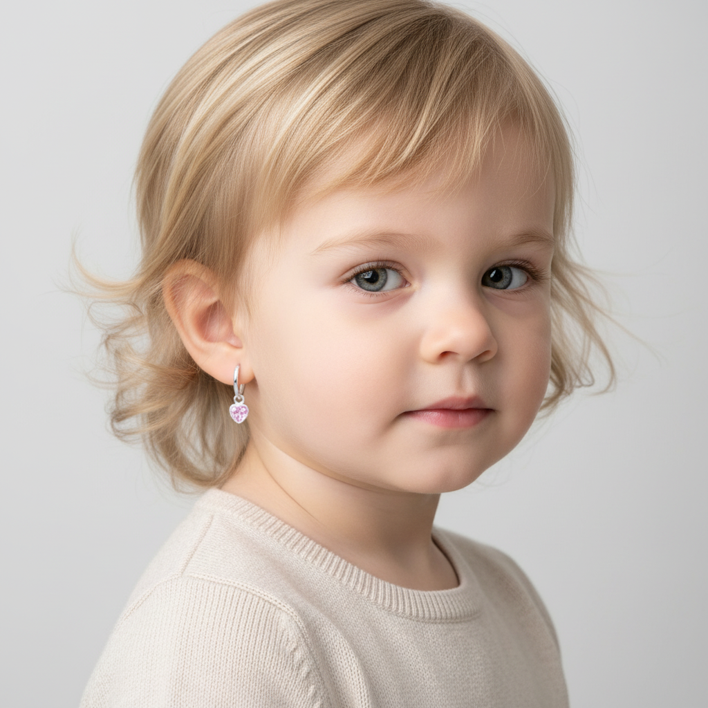 Young child wearing heart-shaped silver earrings for children by Melchior Jewellery in a close-up portrait