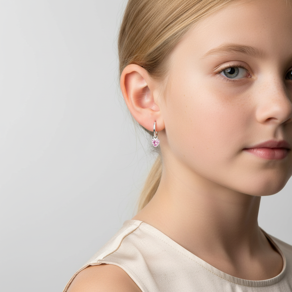 Heart-shaped silver earrings for children worn by young girl with blonde hair and white top