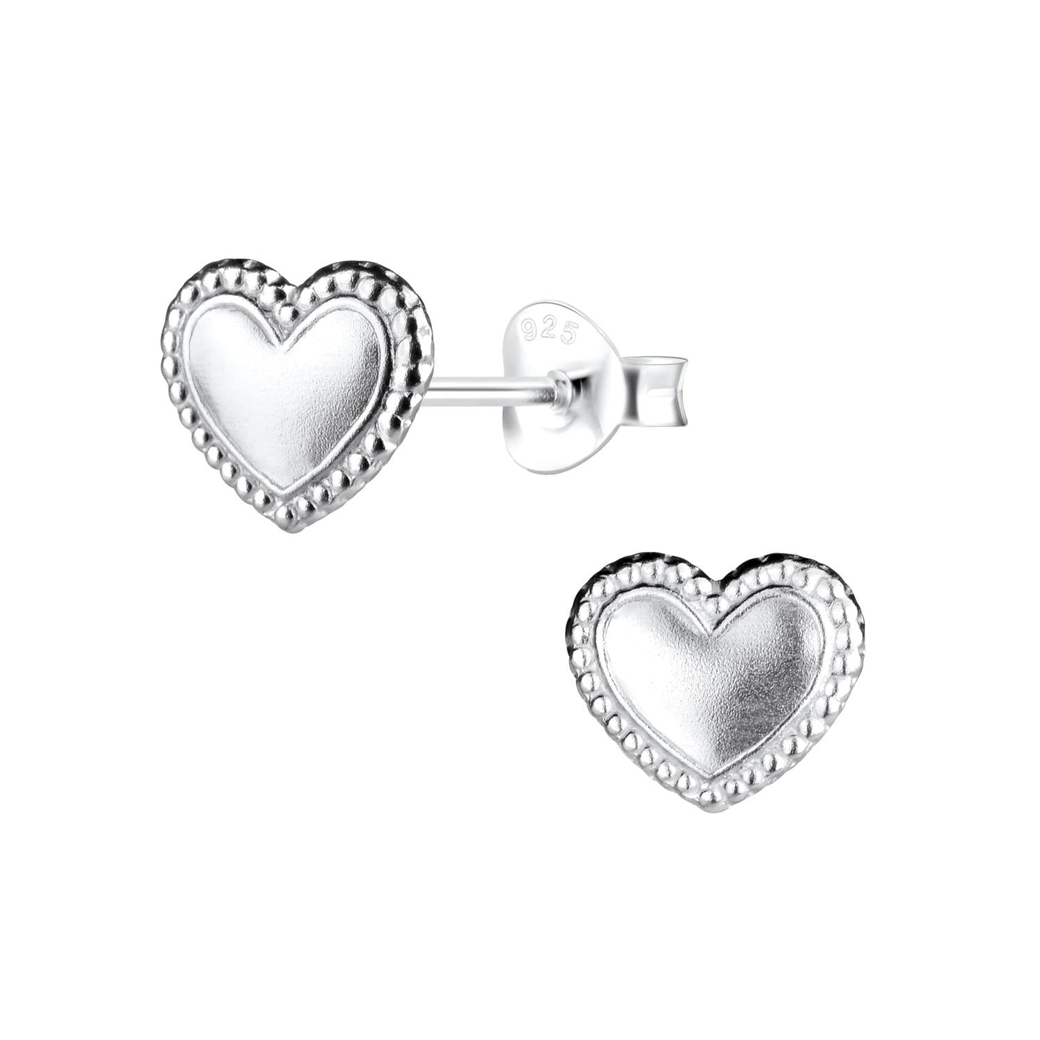 Melchior Jewellery silver Heart Stud Earrings for children with textured beaded edge design