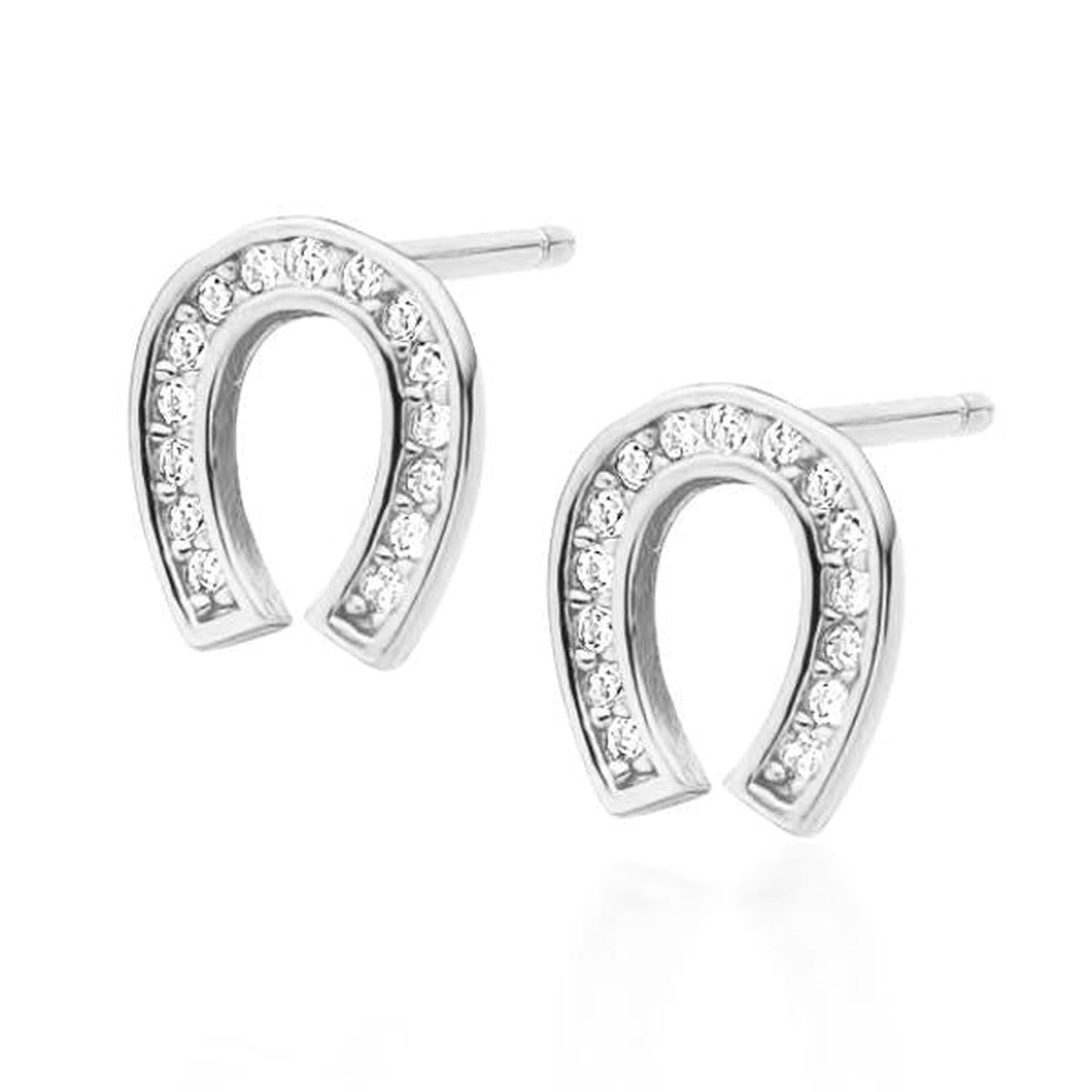 Silver horseshoe stud earrings by Melchior Jewellery with clear sparkling crystals set in polished metal
