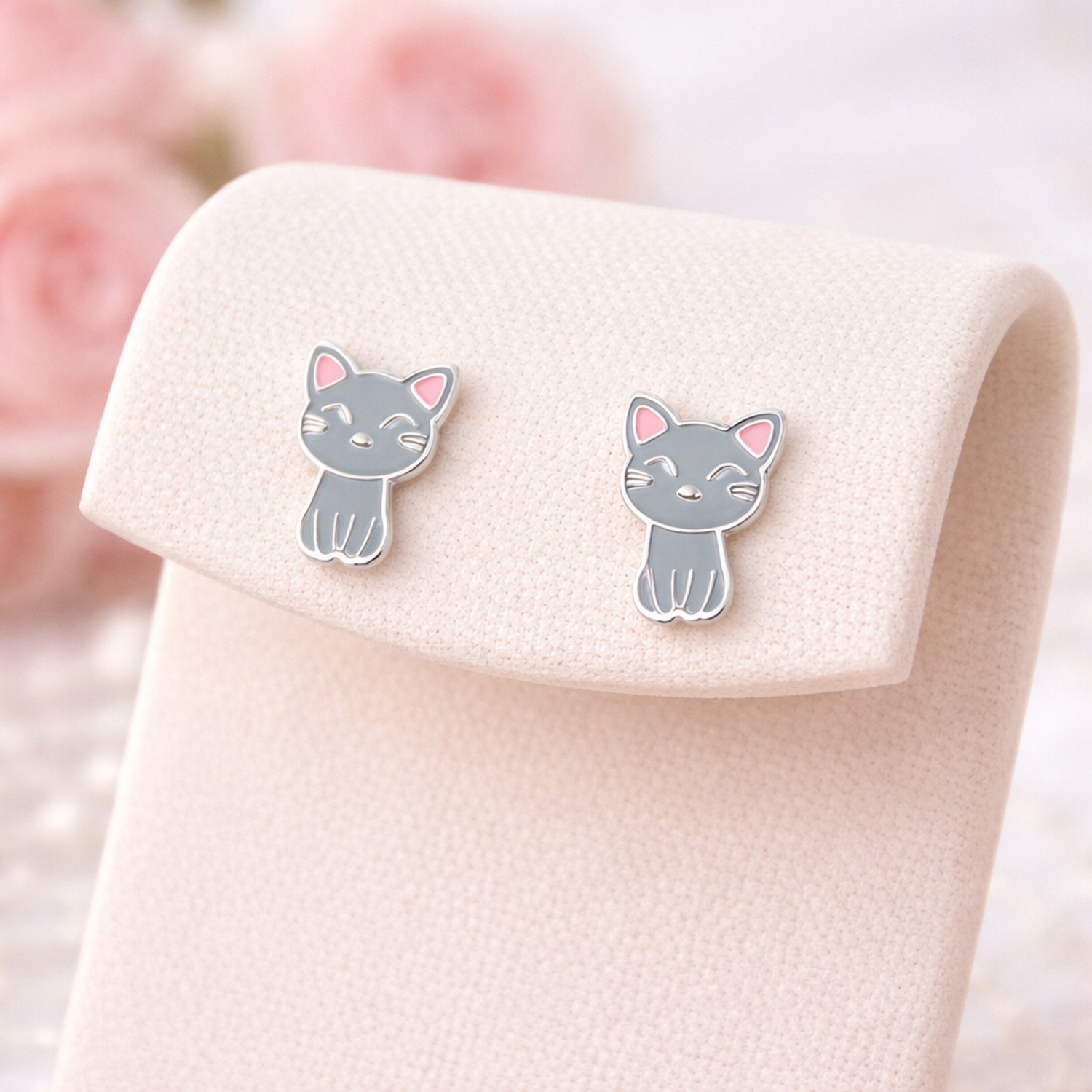 Melchior Jewellery hypoallergenic kids cat stud earrings in grey and pink perfect for sensitive ears