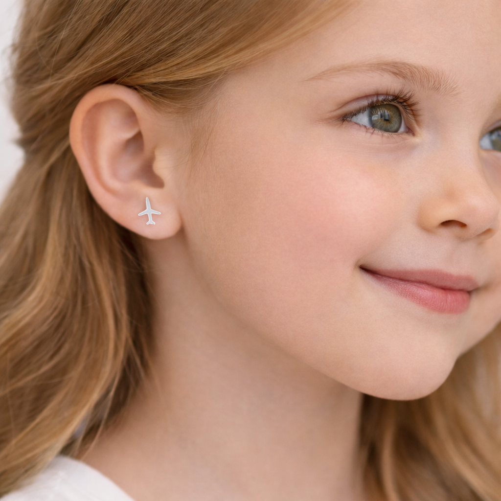 Melchior Jewellery hypoallergenic kids earrings in airplane design worn by young girl