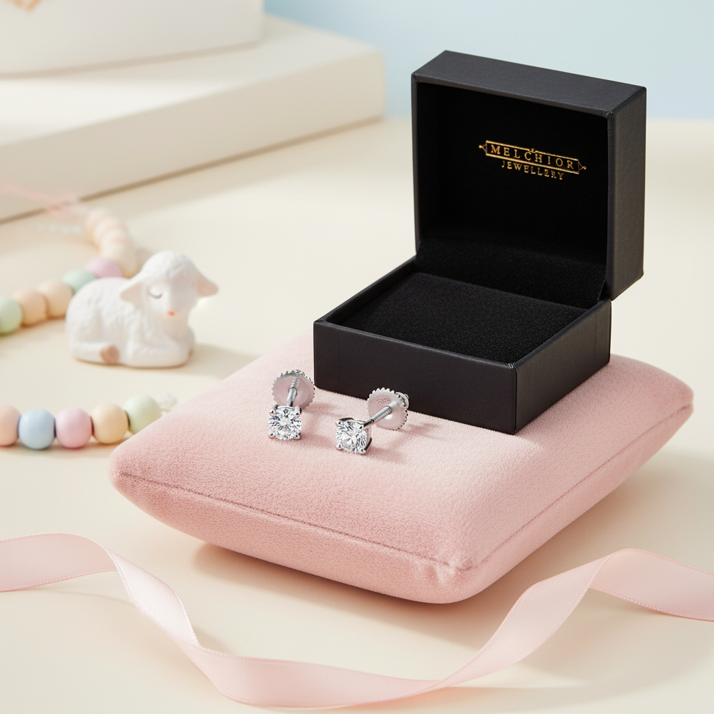 In Season Jewellery hypoallergenic kids earrings screw back displayed on pink cushion with black box